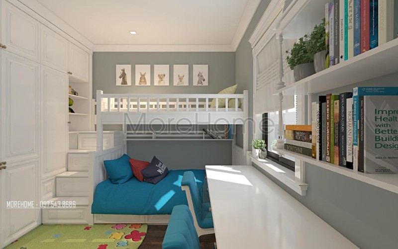 Bàn học của con được thiết kế ngay cạnh cửa sổ, giá sách treo ngay trên bàn học, một không gian lý tưởng cho trí tưởng tượng bay cao, giúp bé có tư duy tốt hơn. bàn học trẻ em