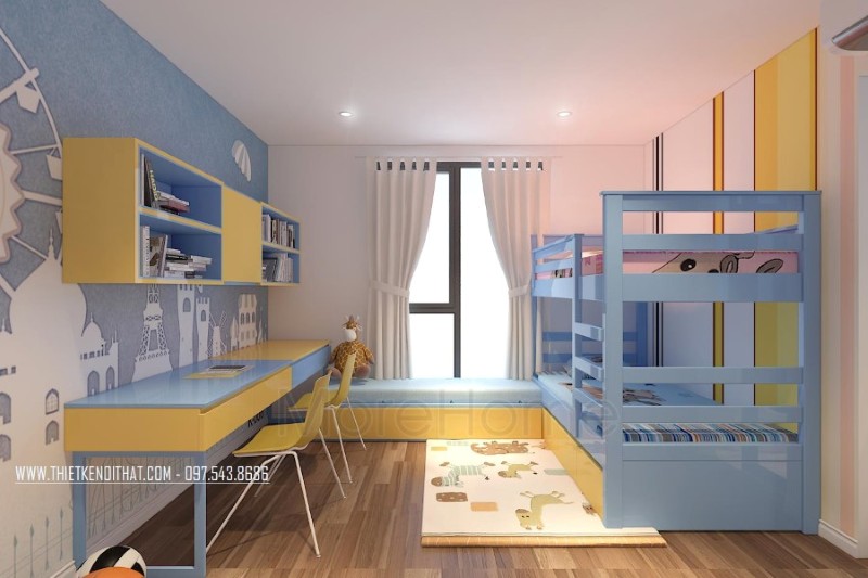 Mẫu bàn học hiện đại kết hợp kệ sách treo tường là một ý tưởng mới lạ vừa đảm bảo sự tiện nghi lại tiết kiệm được khá nhiều không gian sinh hoạt trong phòng ngủ của con bàn học trẻ em