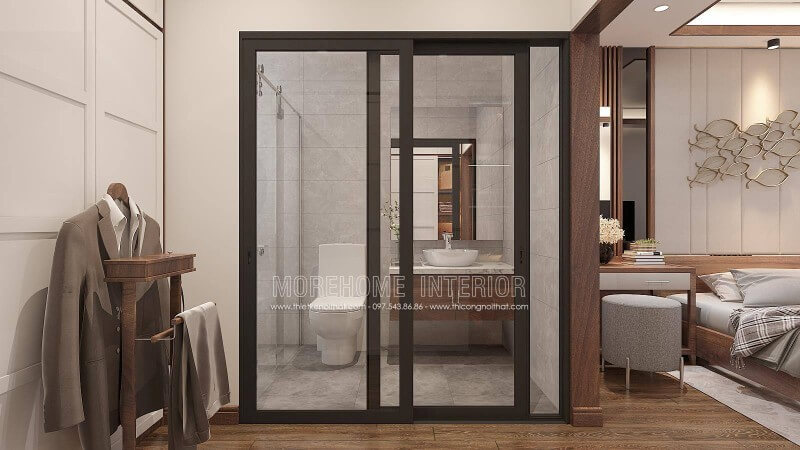Mẫu thiết kế nội thất phòng ngủ hiện đại khép kín trên đây sử dụng tone màu trầm ấn tượng với nội thất gỗ óc chó là một lựa chọn tuyệt vời cho không gian nhà phố, biệt thự.
