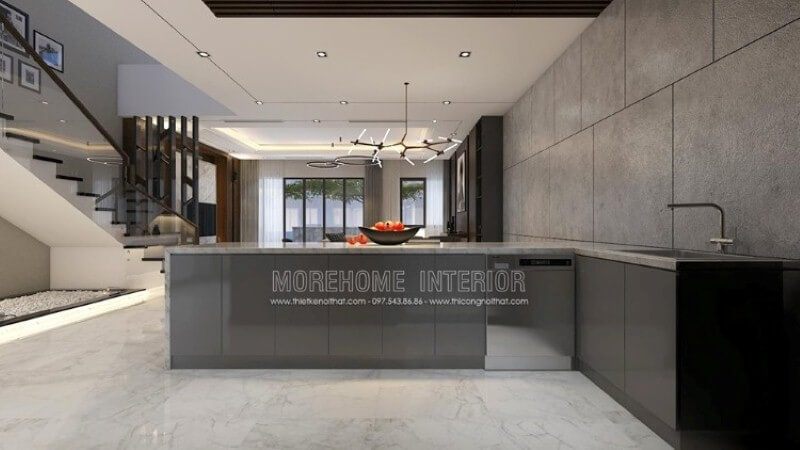 Bố trí nội thất hiện đại đẹp, độc đáo với gam màu ghi nổi bật trong toàn không gian bếp từ bộ tủ bếp đảo gỗ acrylic sáng bóng được phủ bề mặt đá ốp sang trọng, gạch ốp tường giả bê tông.