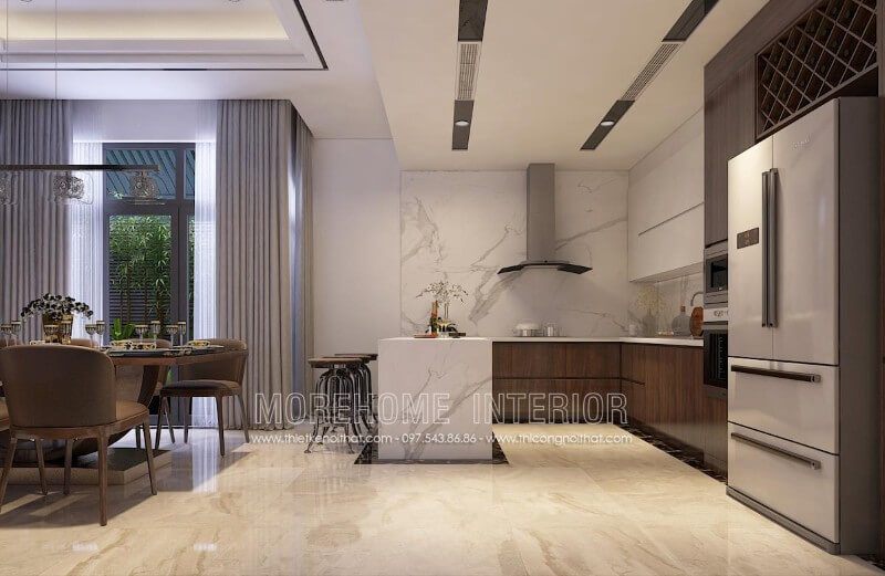 Mẫu tủ bếp đẹp hiện đại, đơn giản, không quá cầu kì vào các chi tiết, phần mặt tủ bếp được ốp đá vân mây sang trọng mà vô cùng sạch sẽ