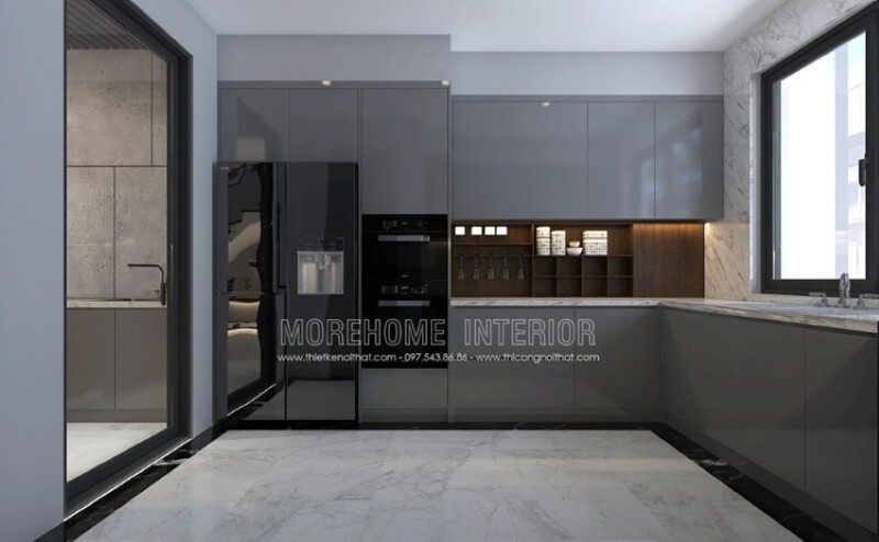 Mẫu tủ bếp gỗ công nghiệp acrylic màu xám đẹp mắt trong trang trí nội thất phòng bếp hiện đại sẽ là lựa chọn khá phù hợp với các không gian như chung cư, biệt thự, nhà phố.