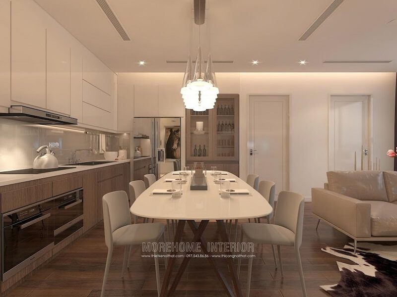 Mẫu bàn ăn chung cư đẹp màu trắng trẻ trung kết hợp với 6 ghế ăn bọc da sang chẳng mang đến không gian phòng ăn ấn tượng cho gia chủ