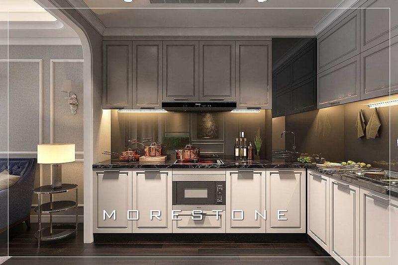 Sử dụng đá bếp màu đen ốp tủ bếp Morestone cho không gian bếp sang trọng, sạch sẽ