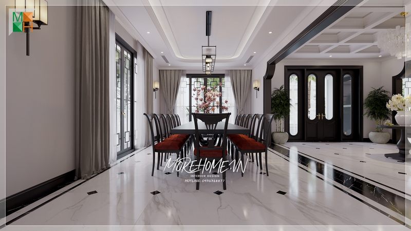 Mẫu thiết kế không gian phòng ăn tạo cảm giác mát mẻ, sang trọng cho không gian sống của gia đình thêm ấn tượng và tiện nghi.