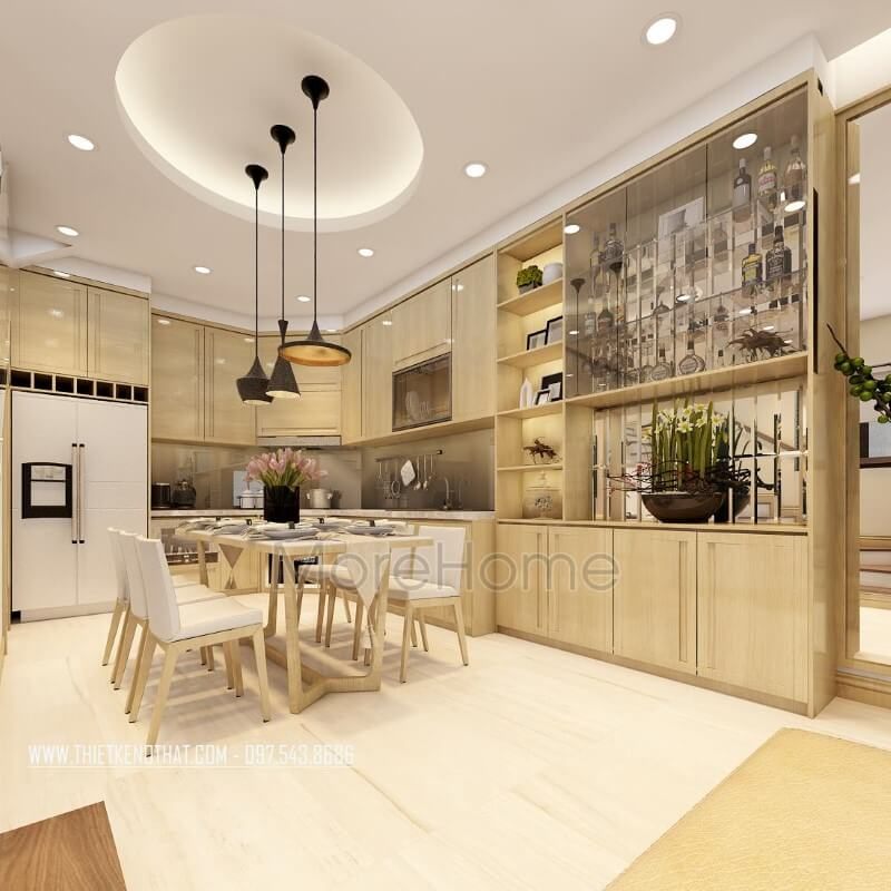 Thiết kế nội thất phòng ăn liền bếp với màu sắc đồng điệu và tủ bếp gỗ chữ U hiện đại sẽ giúp bạn có được sự tiện nghi trong sinh hoạt hàng ngày.