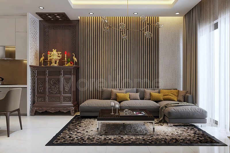 Mẫu tủ thờ hiện đại sử dụng nguyên liệu gỗ tần bì cao cấp, hoa văn đơn giản nhưng tinh tế.