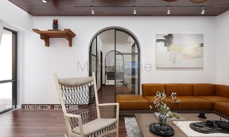 Lựa chọn thiết kế sofa da màu nâu sang trọng kiểu dáng góc chữ L tiện lợi mang lại cảm giác tinh tế thoáng đãng cho phòng khách biệt thự, nhà phố hiện đại.
