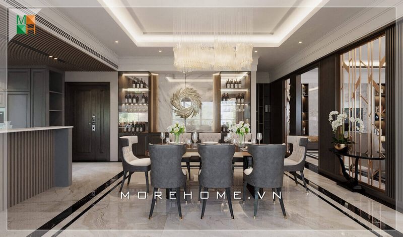 Một góc nhìn của phòng ăn không gian mở, với bộ bàn ghế ăn gỗ tự nhiên bọc nỉ cao cấp được thiết kế khá lạ mắt, thể hiện gu thẩm mỹ tinh tế của gia chủ