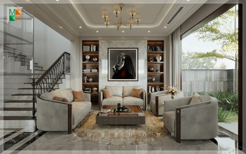 Bộ ghế sofa mang gam màu trung tính góp phần mang đến sự tiện nghi và ấn tượng cho không gian sống của gia đình.