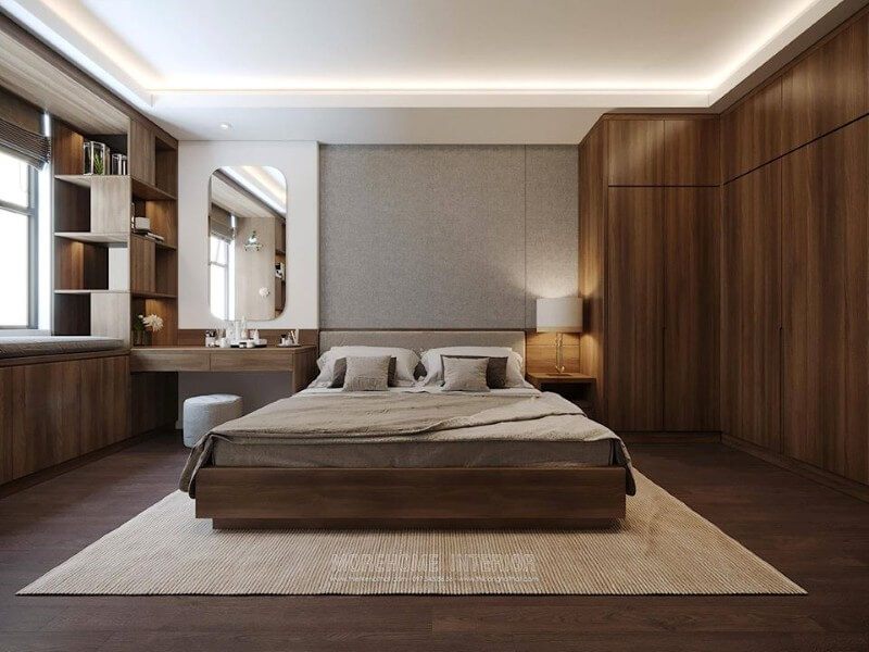 Giường ngủ có thiết kế đơn giản nhưng vẫn đẹp mắt, được làm từ gỗ công nghiệp.